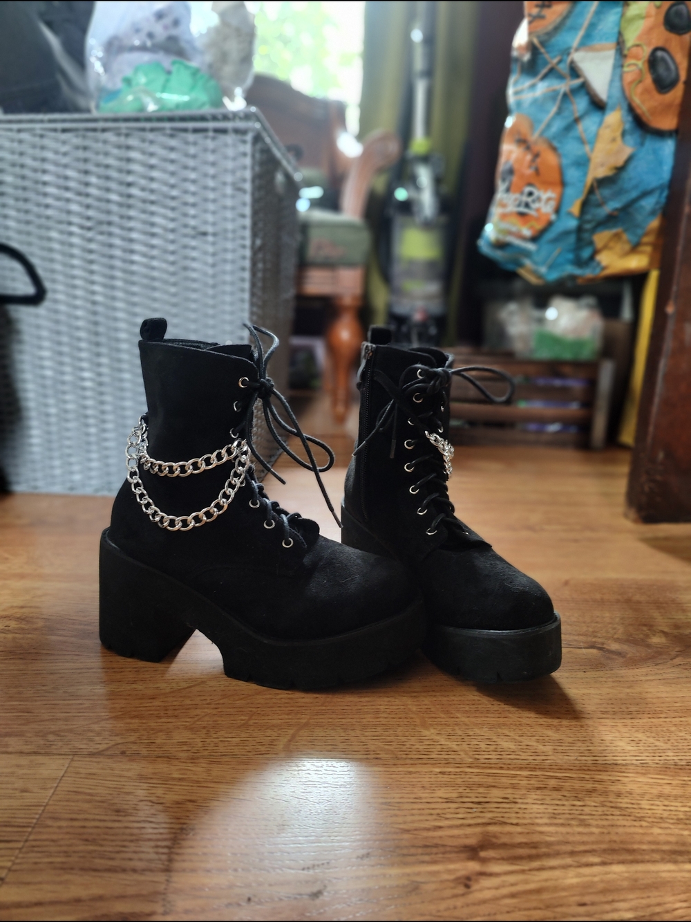 Black Platform Lace-Up Ankle Boots with Silver Chain Accent
